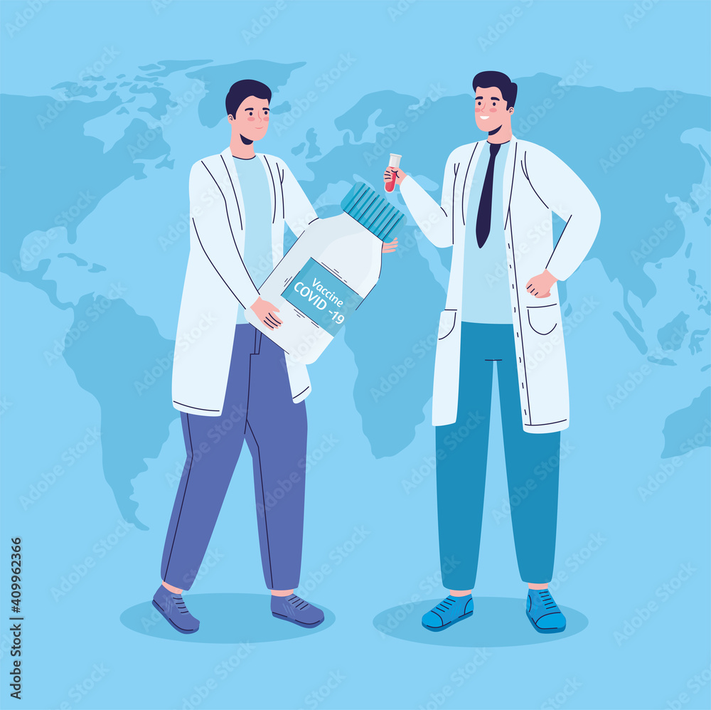 doctors with covid19 virus vaccine vial in earth planet vector illustration design doctors with covid19 virus vaccine vial in earth planet vector illustration design