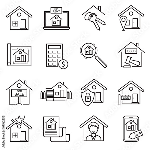 Real Estate Sign Black Thin Line Icon Set. Vector