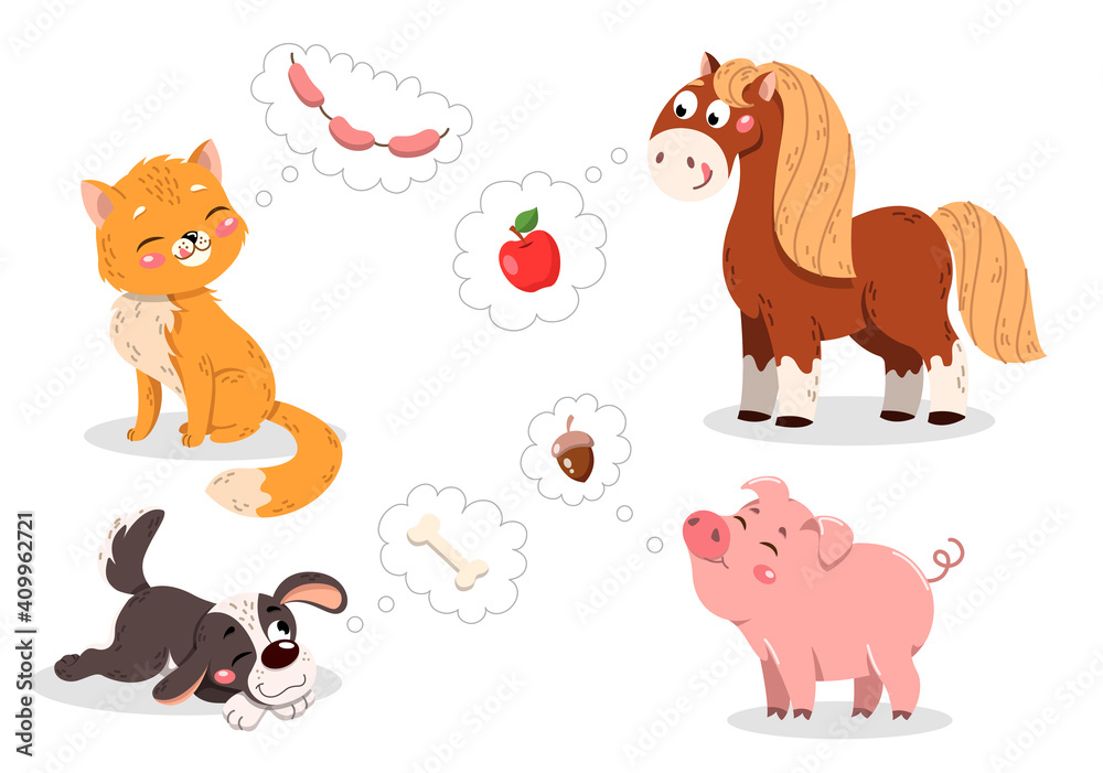 Obraz premium Set of cute cartoon baby pets. Cat, pig, horse, dog. with their favorite food in thought bubbles. Set of hand drawn flat cartoon vector illustrations isolated on white background