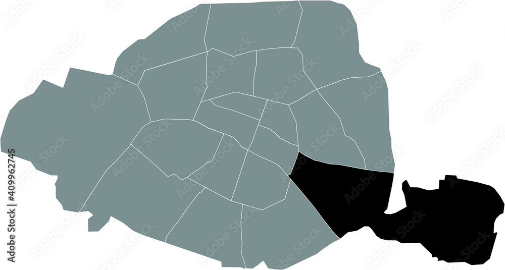 Naklejka premium Black location map of Parisian douzième, 12th arrondissement inside gray map of Paris, France