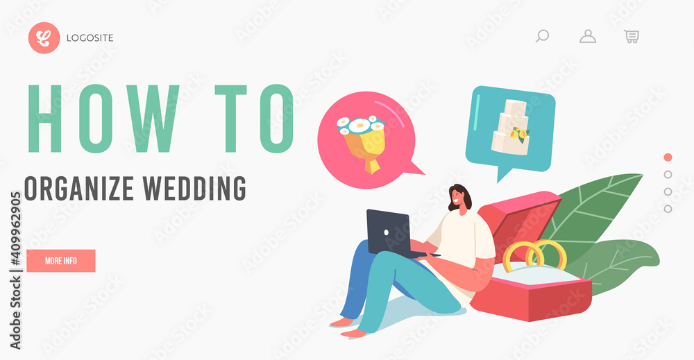 Marriage Event Organization, Plan Landing Page Template. Happy Bride Character Sit with Laptop Planning Wedding Ceremony