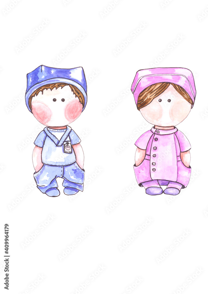 Watercolour drawing. Two dolls-doctors. A man and a woman in a medical uniform. Watercolour drawing. Two dolls-doctors. A man and a woman in a medical uniform.