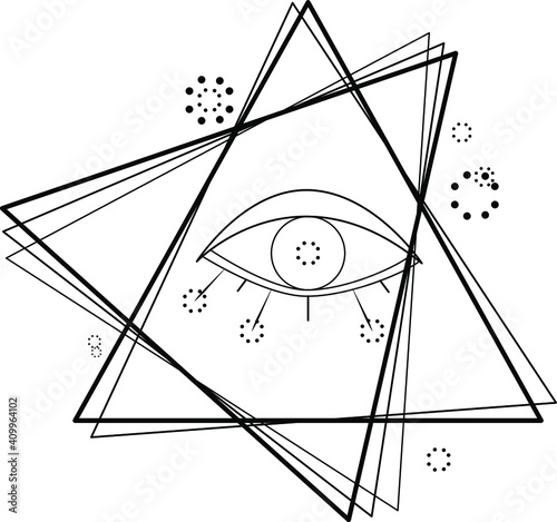 The magical black sketch symbol of the all-seeing, observing eye . Printing for clothing.. Religion, faith.. a tattoo. Vector illustration. Geometry. Circle, triangle.