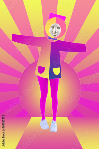 Collage with plaster antique sculpture of human face in a pop art style. Modern creative concept image with ancient statue head. Zine culture. Contemporary art poster. Funky minimalism. Retro design.