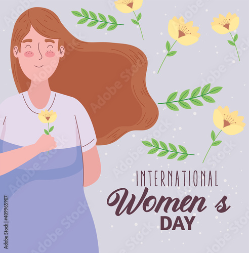 happy womens day lettering with woman lifting flower vector illustration design