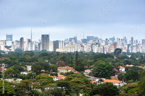 Aerial view of São Paulo city skyline, park, houses and trees and buildings in the background on a cloudy summer day. Concept of urban, city, architecture, cityscape, metropolis, business, tourism.