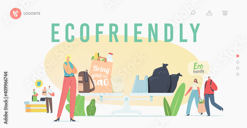 People Visit Shop with Reusable Eco Bags and Packs Landing Page Template. Characters Use Ecological Packing for Shopping