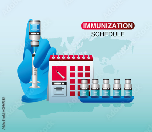 world vaccine immunization schedule hand with syringe vials covid 19 coronavirus