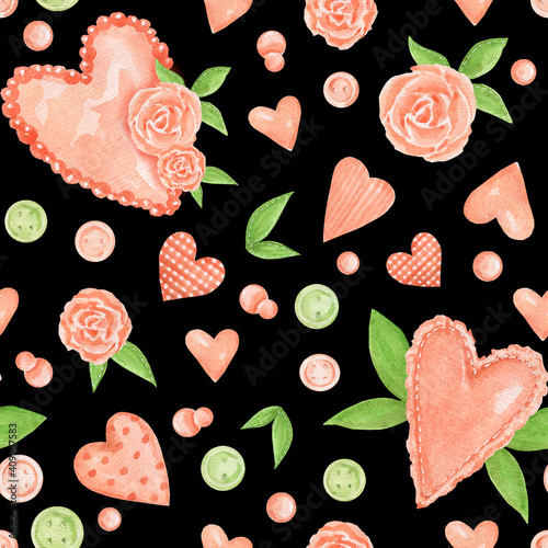 Watercolor seamless pattern with romantic hearts and delicate flowers. Drawn roses, hydrangeas, delicate and pink hearts. 