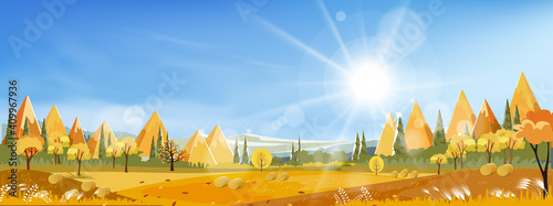  Autumn landscap of farm field with blue sky,Wonderland of Mid Autumn in countryside with Sunlight shining, Mountain, grass land in Orange foliage,Vector banner for fall season or Autumnal background