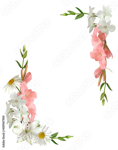 Flowers. Floral background. Orchid. White. Pink. Lilies. Gladiolus. Chamomile. Border.