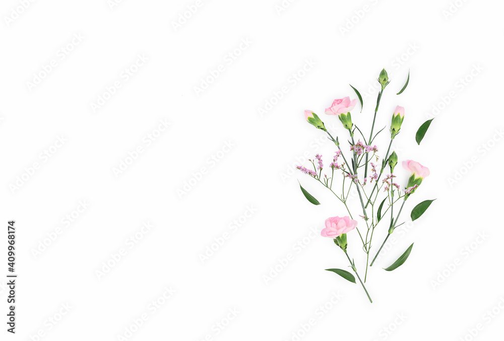 Flowers composition. Pattern made of carnations, isolated flat lay, top view,