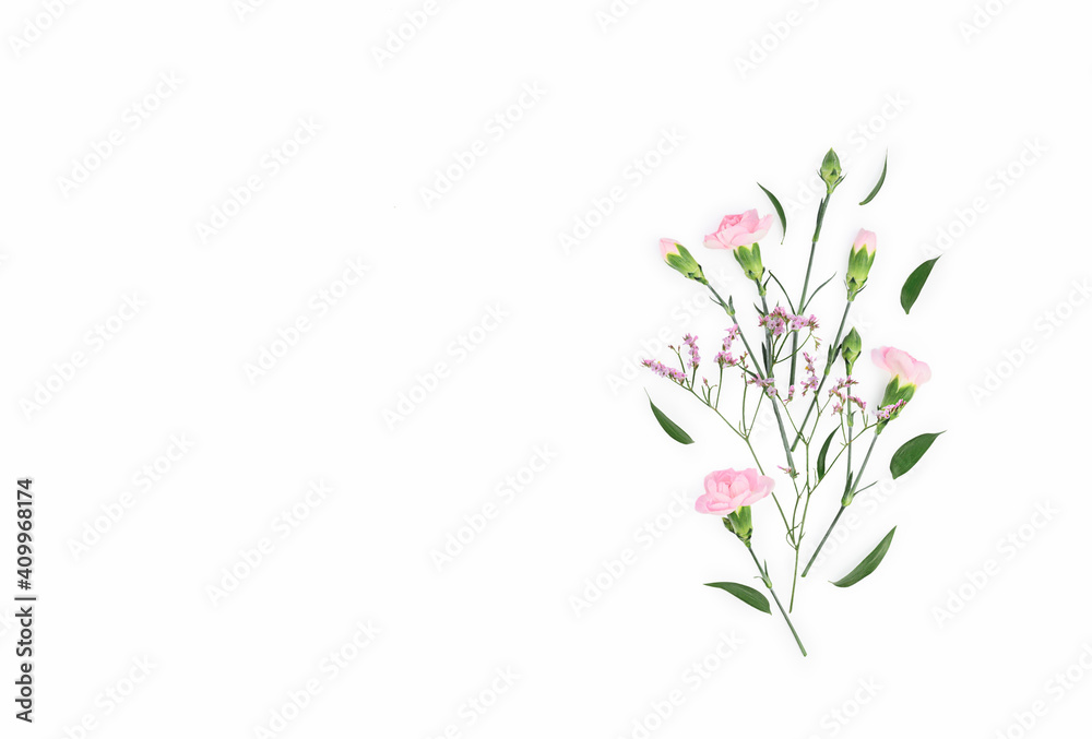 Flowers composition. Pattern made of carnations, isolated flat lay, top view, Flowers composition. Pattern made of carnations, isolated flat lay, top view,
