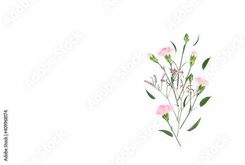 Flowers composition. Pattern made of carnations  isolated flat lay  top view 