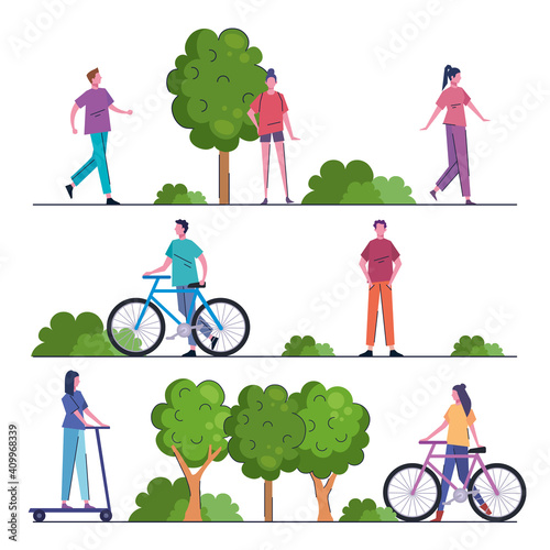 young people practicing activities in the park vector illustration design