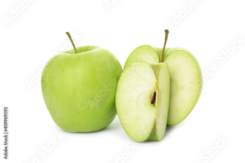 Fresh ripe cut and whole apples on white background