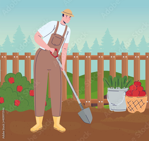 farmer man with shovel in the farm vector illustration design