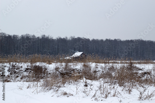 White snowy landscape with a lonely cozy house on the background of a dense dark forest