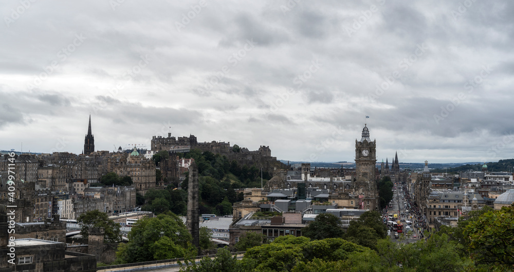 Drone view of amazing cityscape of Edinburgh under gray cloudy sky in Scotland Drone view of amazing cityscape of Edinburgh under gray cloudy sky in Scotland