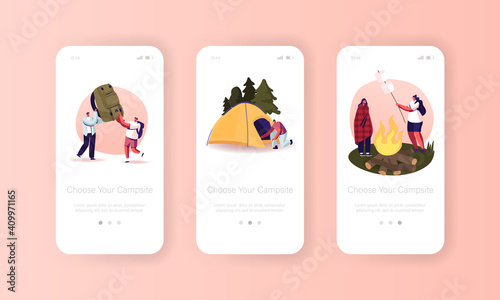 Campsite Mobile App Page Onboard Screen Template. Friends Characters Spend Time at Summer Camp in Deep Forest with Tent
