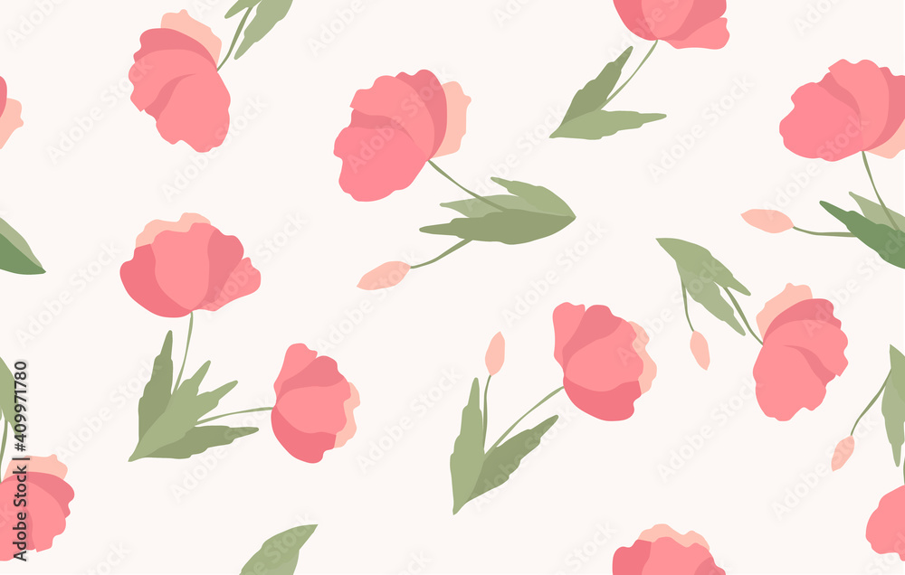 Beautiful seamless floral pattern with poppies. Pink, Burgundy texture for printing on fabrics, textiles, postcards, wallpaper. Image of the web banner design. Bright design floral design