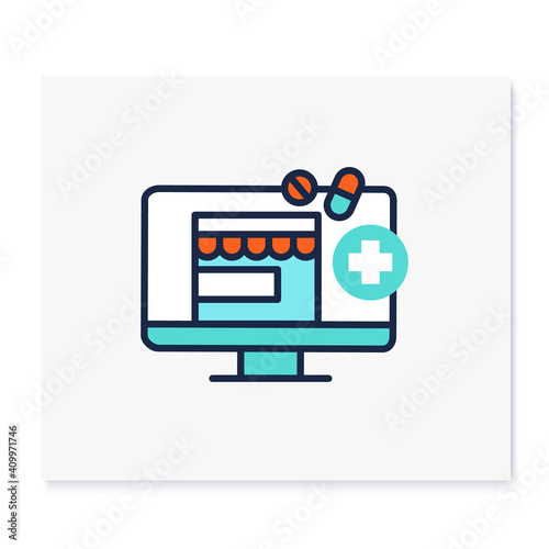 Telepharmacy color icon. Online drugstore, apothecary website or application. Telehealth medical care, telemedicine concept. Virtual pharmacist consultation.Isolated vector illustration