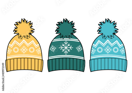 Set of warm winter hats with pom-pom. Outline. A hats with a snowflake pattern.