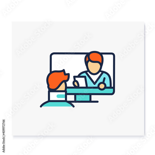 Telerehabilitation color icon. Telehealth medical care.Virtual rehabilitologist consultation.Telemedicine, health care concept.Online medicine, orthopedics.Isolated vector illustration
