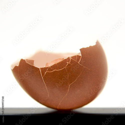 Closeup shot of eggshells on a white background photo