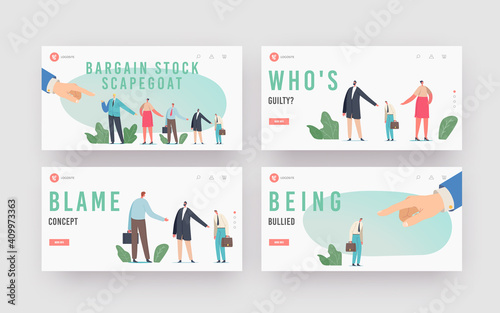 Bargain Stock Scapegoat Landing Page Template Set. Boss Hand Pointing on Business People Stand in Row Shift Blame