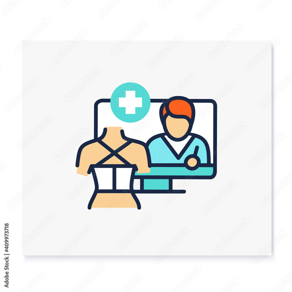 Online trauma care color icon. Telehealth medical care. Virtual rehabilitologist consultation. Telemedicine, telerehabilitation, health care concept. Isolated vector illustration. 
