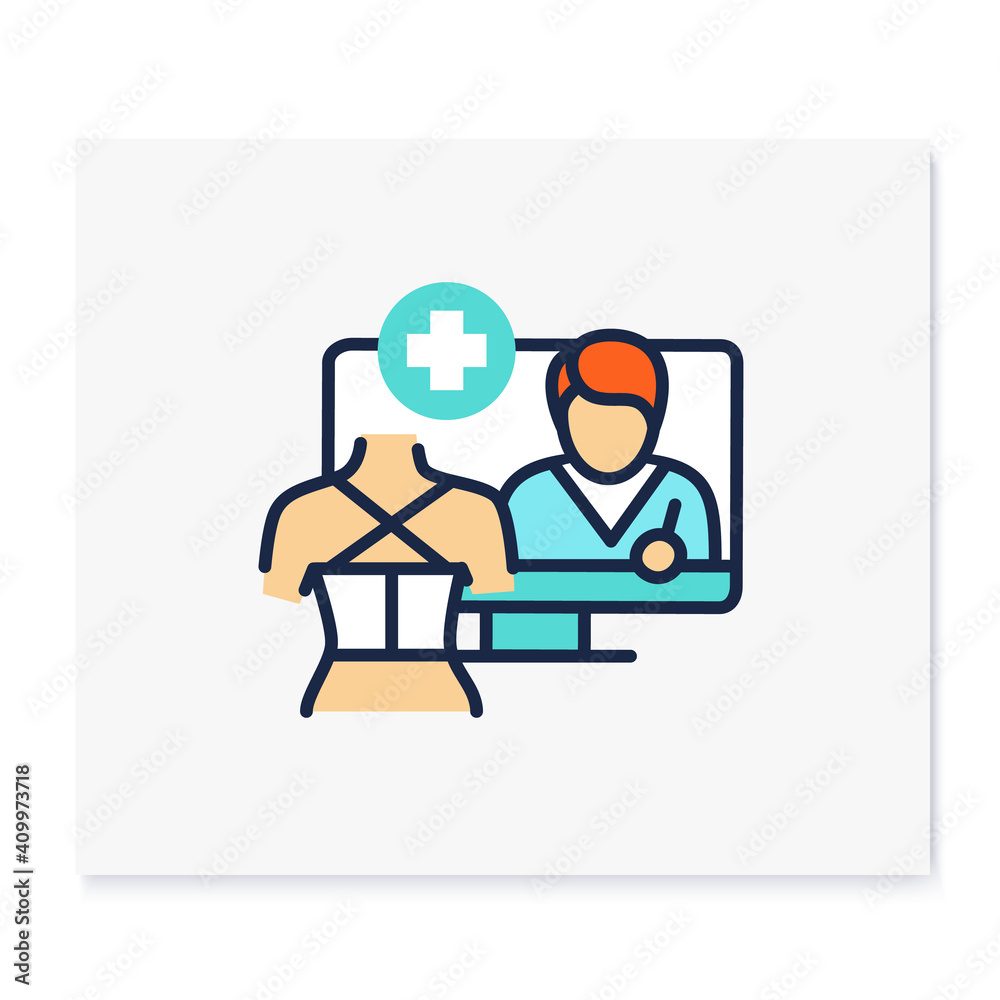 Online trauma care color icon. Telehealth medical care. Virtual rehabilitologist consultation. Telemedicine, telerehabilitation, health care concept. Isolated vector illustration. Online trauma care color icon. Telehealth medical care. Virtual rehabilitologist consultation. Telemedicine, telerehabilitation, health care concept. Isolated vector illustration.
