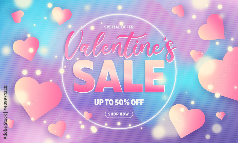 Happy valentine's day sale banner. Hearts. Vivid, colorful, shining, neon. Holiday background. Vector illustration for website, ads, promotional material.