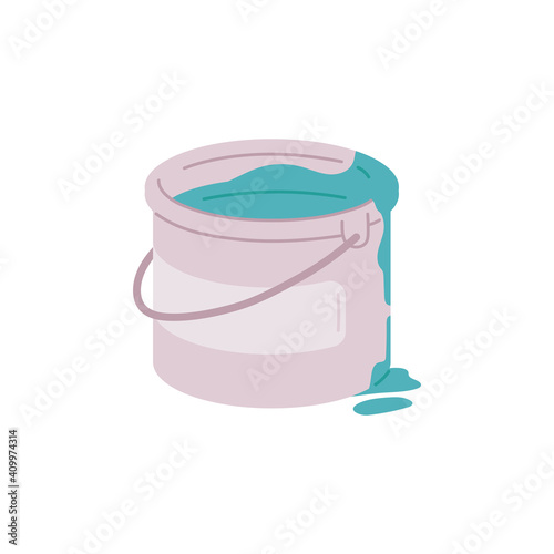 Isolated paint bucket with liquid teal blue color dripping out