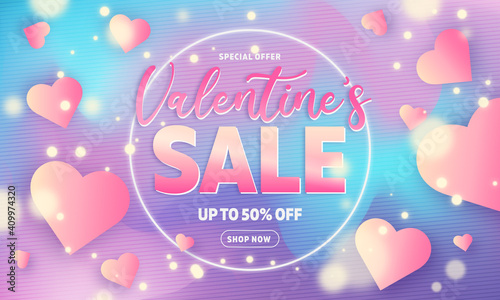 Happy valentine's day sale banner. Hearts. Vivid, colorful, shining, neon. Holiday background. Vector illustration for website, ads, promotional material.