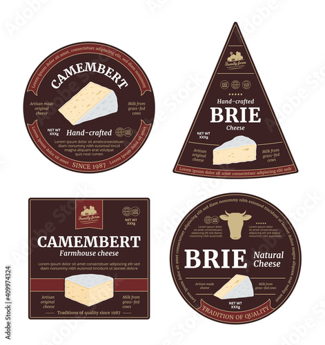 Vector camembert and brie cheese labels and packaging design elements. Camembert and brie cheese detailed icons