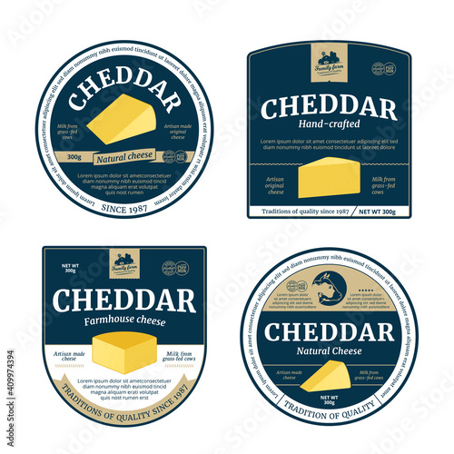 Vector cheddar cheese labels and packaging design elements. Cheddar cheese detailed icons
