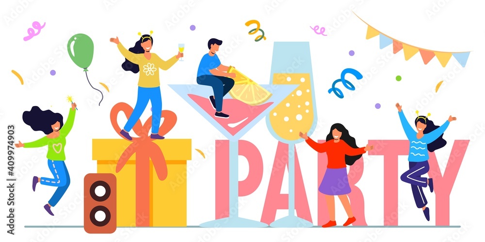 Weekend party flat tiny last work week day persons vector illustration  concept Happy holiday celebration with alcohol drinks, festive mood and cheerful atmosphere Cheers! Employees glad succeed