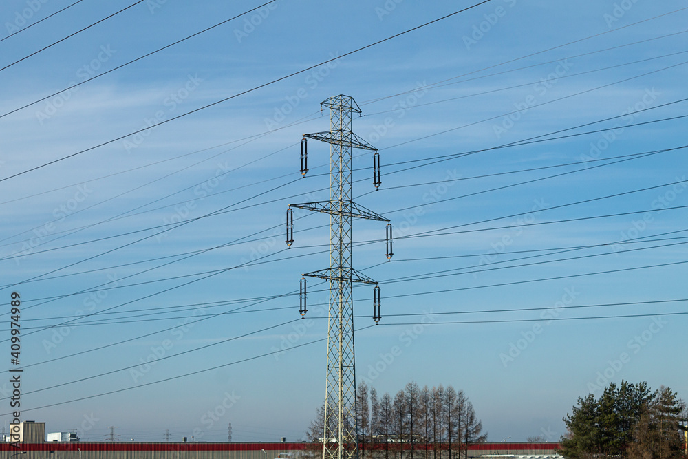 High voltage electrical wires on metal poles