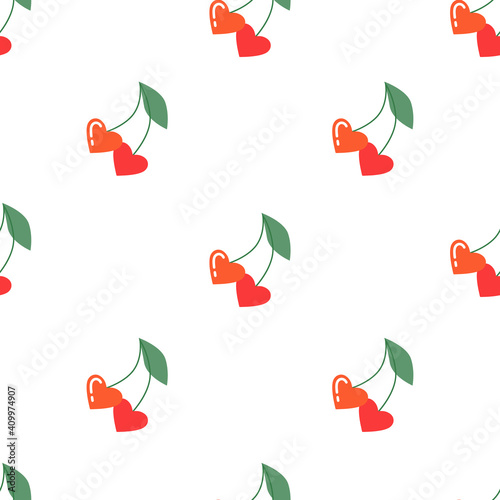 Red cherries in heart form on white background. Cute Valentine's day pattern. Trendy hand drawn berries seamless vector pattern for textile, cards, web and wrapping paper. Sweet healthy food