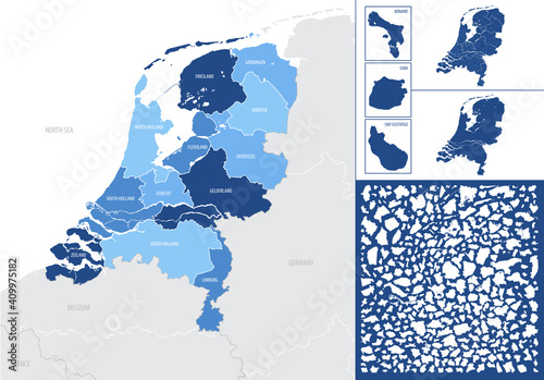 Detailed blue map of Netherlands with administrative divisions into regions, vector illustration photo