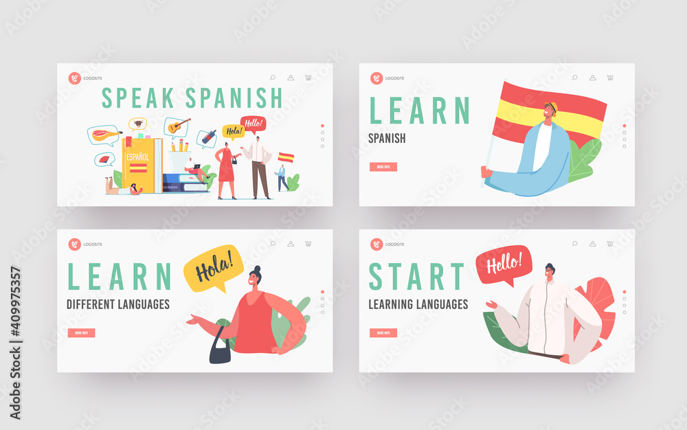 People Learning Spanish Language Course Landing Page Template Set. Tiny Characters at Huge Books, Teacher and Students