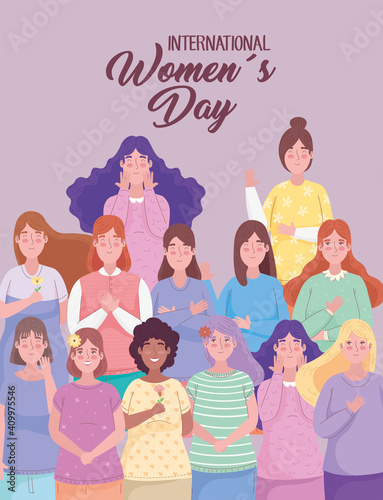 happy womens day lettering with interracial group of girls vector illustration design