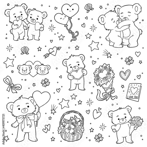 Black and white set of love bears. Valentines day character collection