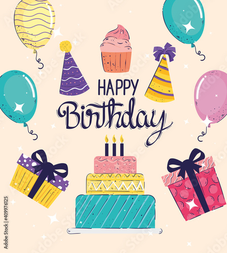 happy birthday lettering celebration with set icons vector illustration design
