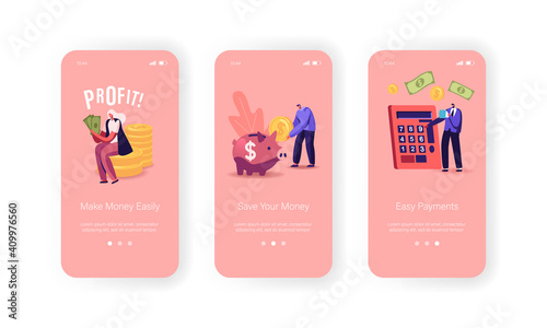 People Earn Money Mobile App Page Onboard Screen Template. Tiny Characters with Huge Piggy Bank, Calculator and Cash