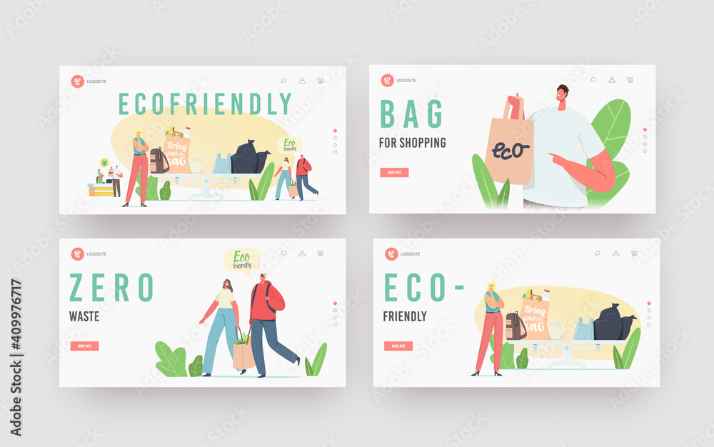 People Visit Shop with Reusable Eco Bags and Packaging Landing Page Template Set. Characters Use Ecological Packing
