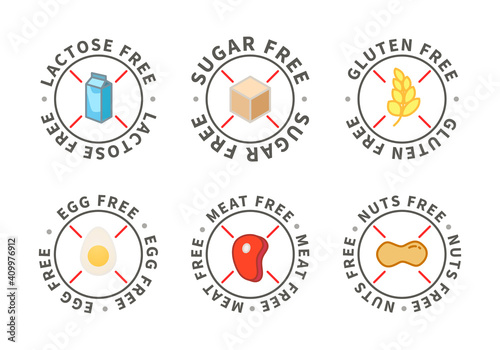 Set of modern simple food icons, lactose free, sugar free, nuts free, egg free, meat free, gluten free on white