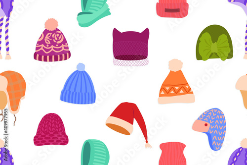 Collection of winter hats of various types on white background. Bundle of head accessories for kids. Backdrop with woolen seasonal clothing. Flat cartoon vector illustration for wrapping paper, print