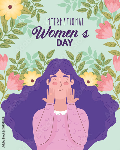 happy womens day lettering with woman in the garden vector illustration design
